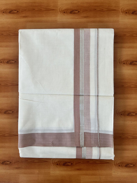 Double Off White (Unbleached) Mundu/Dhoti - 20% Discount! Kaitharikada 100% Pure Cotton - 100x80 - 1.75 inch Silver Kasav & Dusty Brown striped shaded Kara 4 mtr (8.5 muzham) - 24 KK5460 PMC
