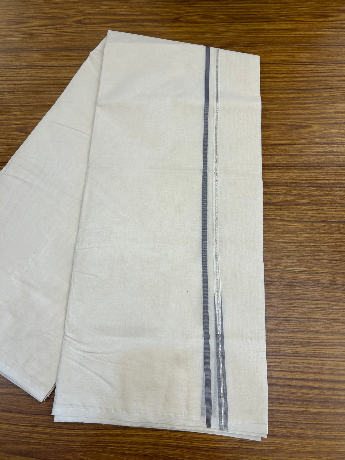 20% Discount ! KaithariKada 100% Cotton off white Double - (Unbleached) Mundu/Dhoti - 100X100 - 0.5 inch Puliyilakkara Silver Kasav & Ash Lavender Chutty kara - 4.25 mtr (9.11 muzham) - 4 KK5347 ASH