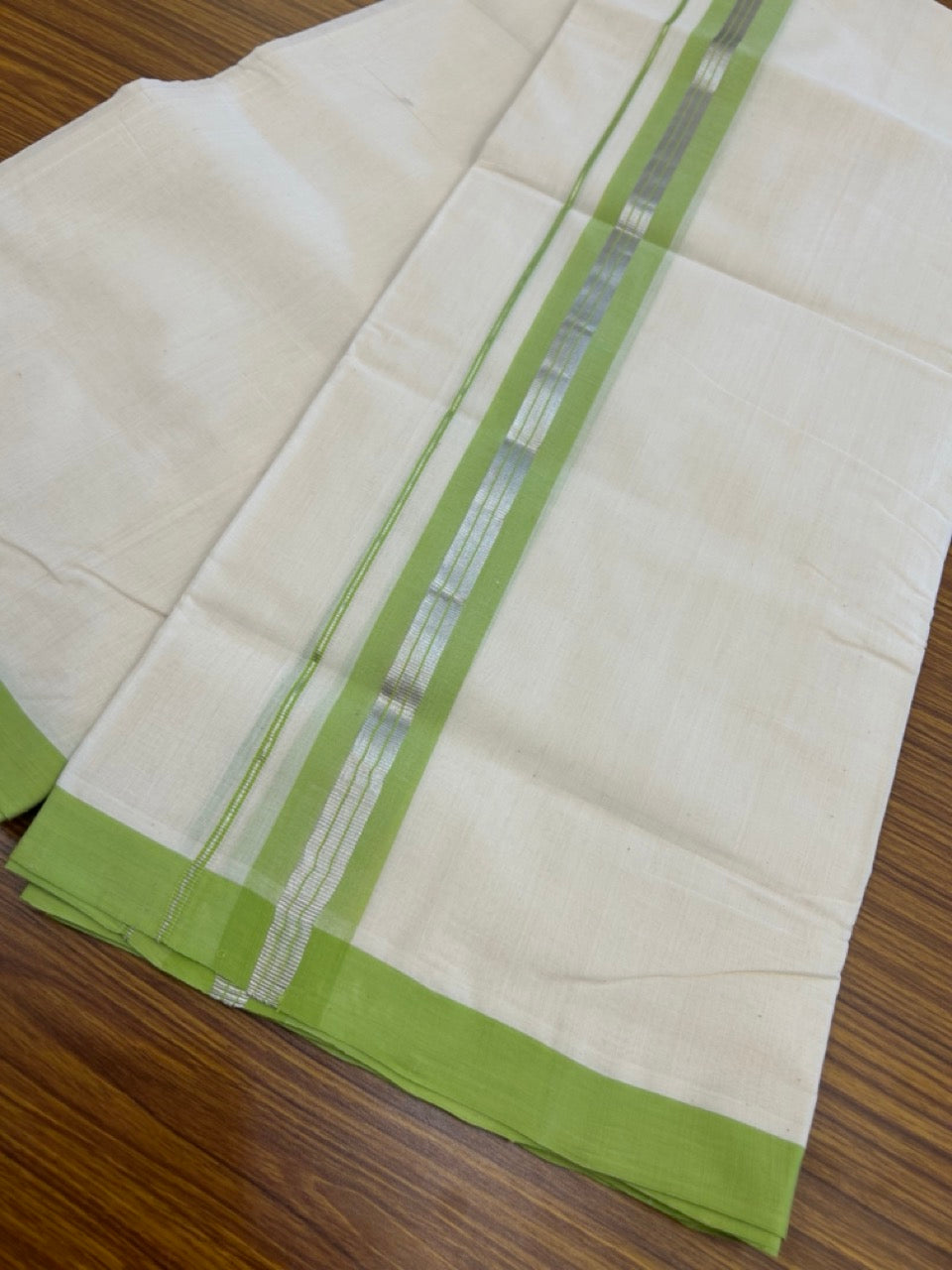 25% Discount ! KaithariKada Handloom Millpaav Balaramapuram - 100% PURE Cotton OFF White (Unbleached) Double Mundu/Dothi - 80x90 - 1.5 inch Silver Kasav & Light Green Shaded Striped Kara 4 Meters (8.5 Muzham) - 2 KK5269 RAM