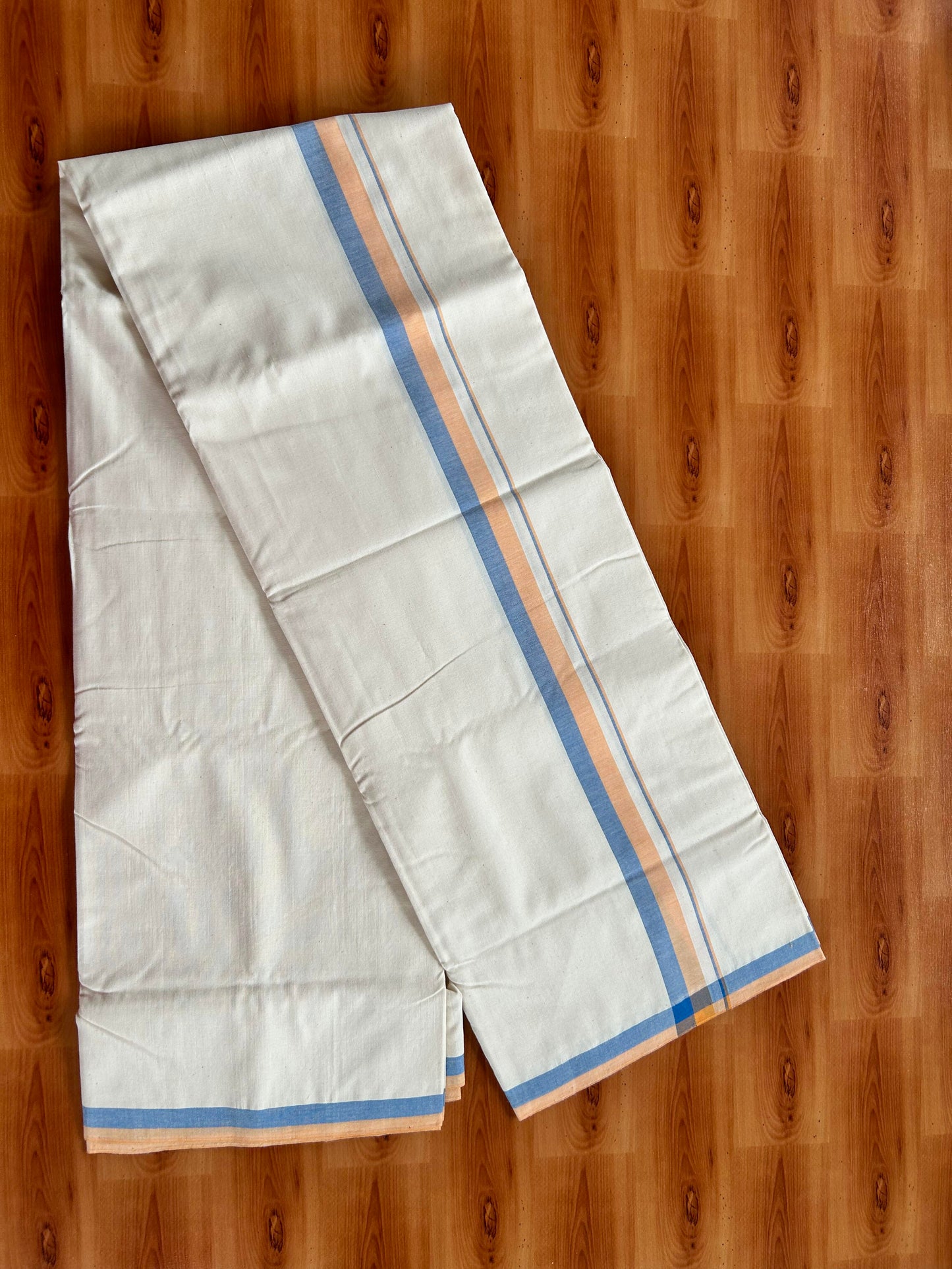 Single Off White - (Unbleached) Mundu/Dhoti - 25%Discount ! Signature Kaitharikada Exclusive Dhoti - 100% Cotton - Kerala Handloom - 1 inch  Peach Orange & Blue Shaded  kara (2 meter / 4 muzham)- 13 KK5410 KAI