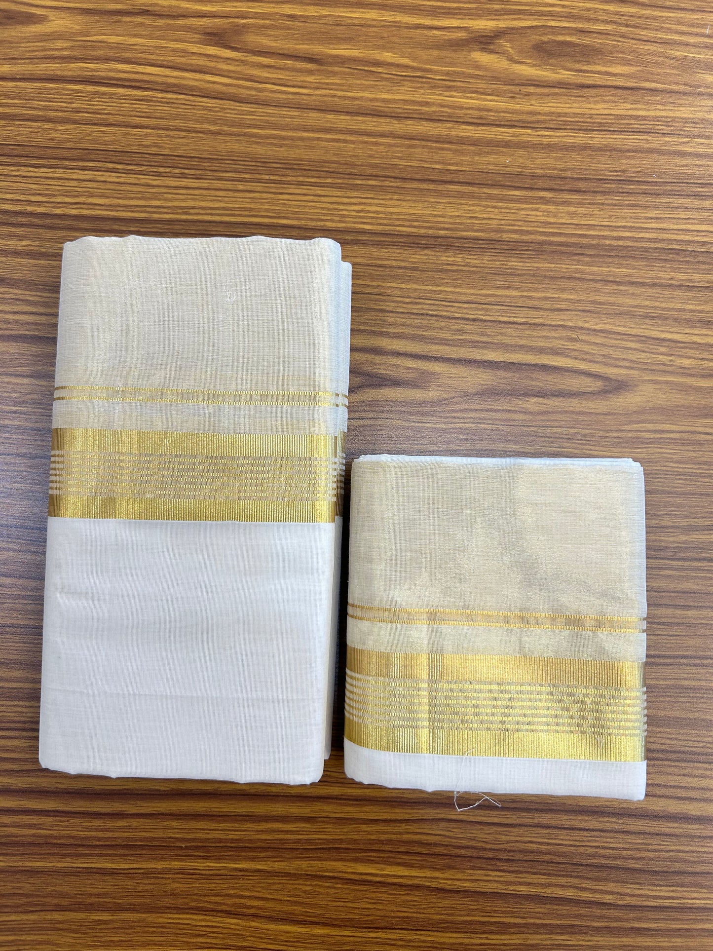 25% Discount ! KaithariKada Handloom Unakkupaav Balaramapuram - 100% Pure Cotton Off White  (Unbleached) Mundu/Dhoti & Neriyath set - 7 Inch Kasav stripes Half tissue Kara - 4 mtr (8.5 Muzham) - 1 KK5367 ABH