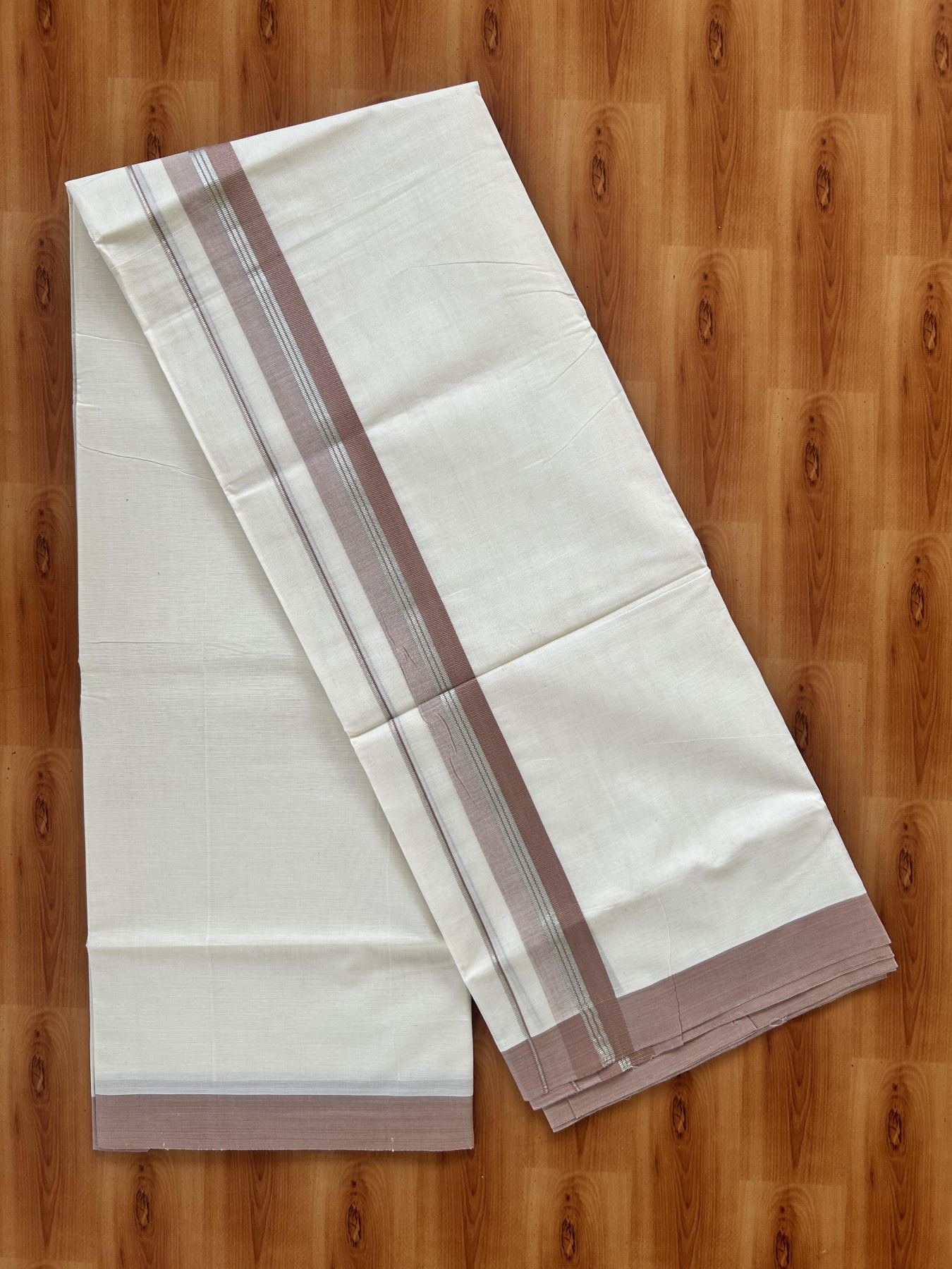 Double Off White (Unbleached) Mundu/Dhoti - 20% Discount! Kaitharikada 100% Pure Cotton - 100x80 - 1.75 inch Silver Kasav & Dusty Brown striped shaded Kara 4 mtr (8.5 muzham) - 24 KK5460 PMC