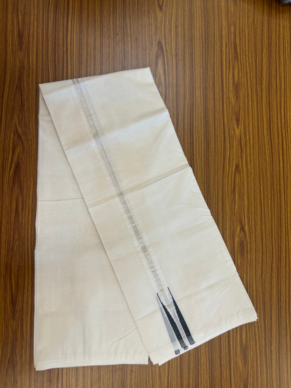 25% Discount ! KaithariKada Handloom Millpaav Balaramapuram - 100% Pure Cotton Off White Double - (Unbleached) Mundu/Dothi - 80X90 - 1 inch Puliyilakkara Silver Kasavu & Black chutty Kara 4 mtr (8.5 Muzham) - 140 KK5236 RAM
