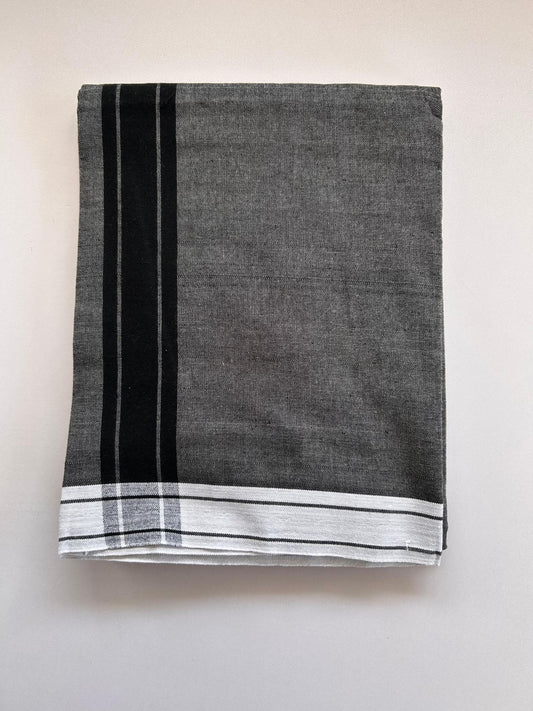Kaitharikada - Single Kaily / Lungi - Mixed Cotton - (2/40s) twisted - 2 inch Black Striped kara Light Grey Border with Ash Grey Body (2 meter / 4 muzham) - 42 KK8088 SAT