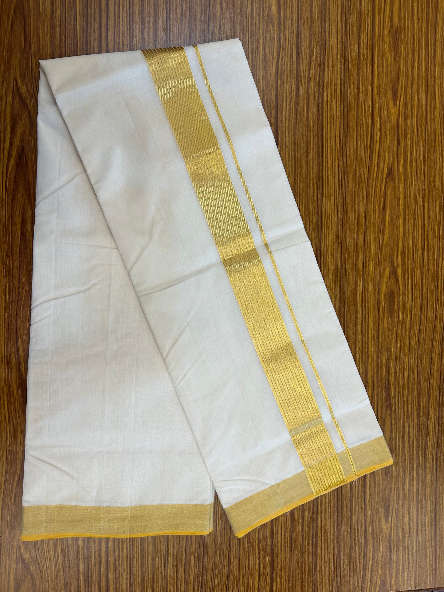 25% Discount ! KaithariKada Handloom Unakkupaav Kerala Handloom - 100% Pure Cotton Off White - (Unbleached) Double Mundu/Dhoti - 100x80 - 2 inch Gold Kasav Striped Kara 4 mtr (8.5 Muzham) - 2 KK5367 ABH
