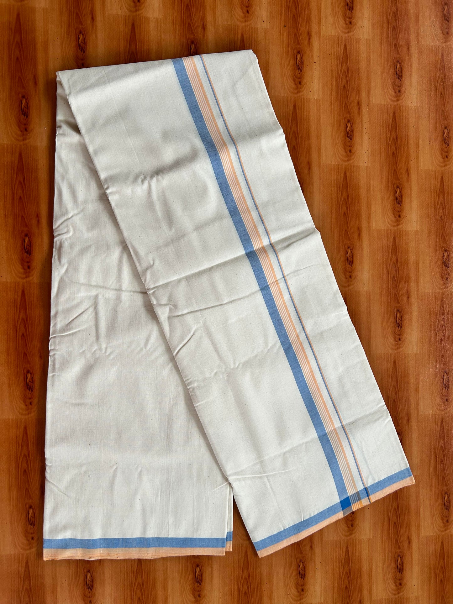 Single Off White - (Unbleached) Mundu/Dhoti - 25%Discount ! Signature Kaitharikada Exclusive Dhoti - 100% Cotton - Kerala Handloom - 1 inch  Peach Orange & Blue Shaded Striped kara (2 meter / 4 muzham)- 12 KK5410 KAI