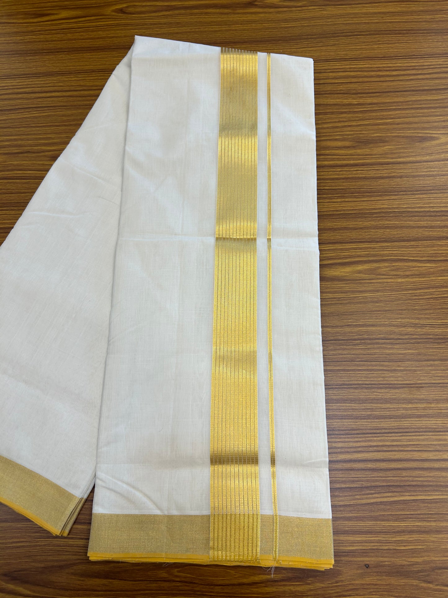 25% Discount ! KaithariKada Handloom Unakkupaav Kerala Handloom - 100% Pure Cotton Off White - (Unbleached) Double Mundu/Dhoti - 100x80 - 2 inch Gold Kasav Striped Kara 4 mtr (8.5 Muzham) - 2 KK5367 ABH