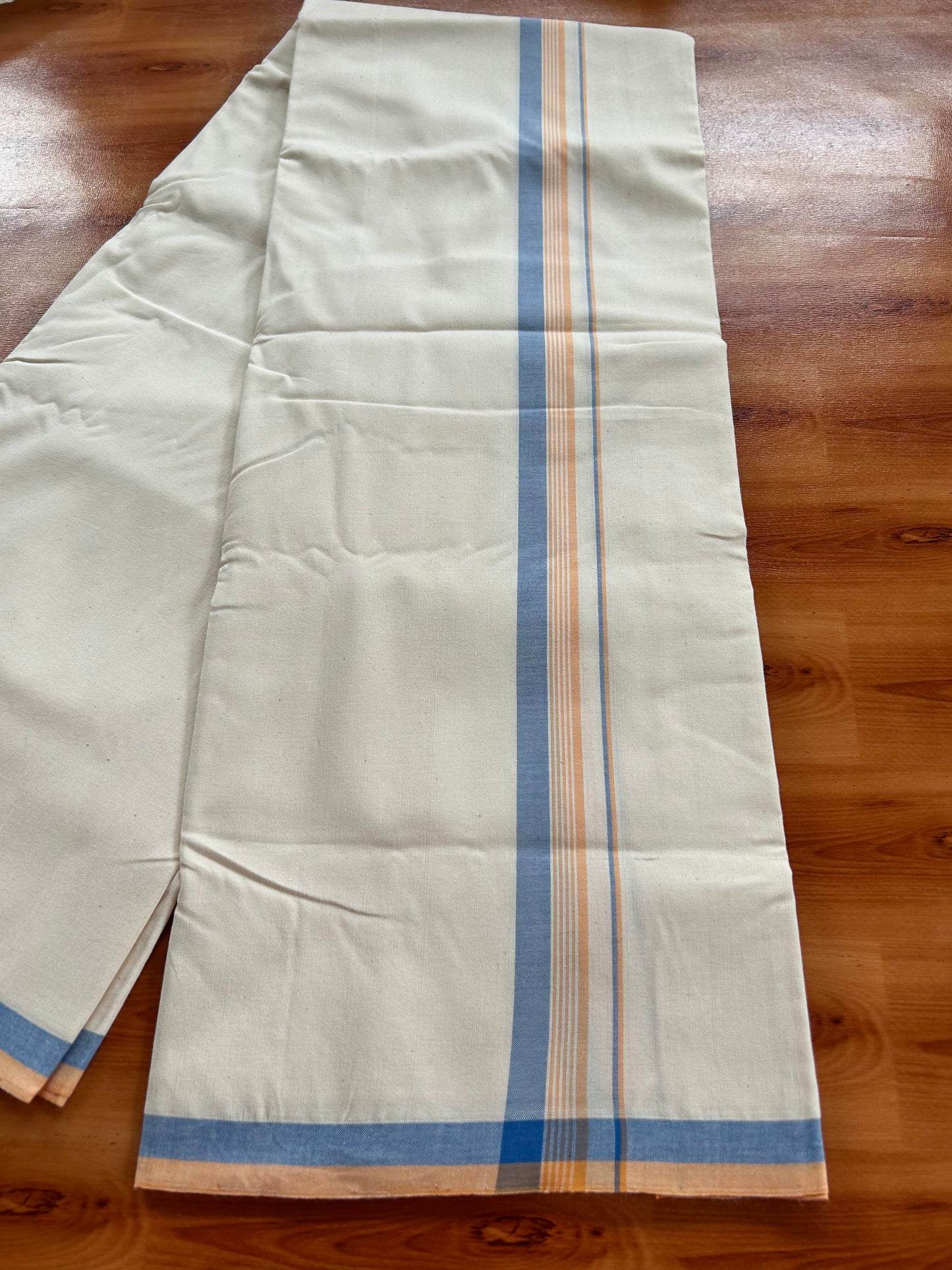 Single Off White - (Unbleached) Mundu/Dhoti - 25%Discount ! Signature Kaitharikada Exclusive Dhoti - 100% Cotton - Kerala Handloom - 1 inch  Peach Orange & Blue Shaded Striped kara (2 meter / 4 muzham)- 12 KK5410 KAI
