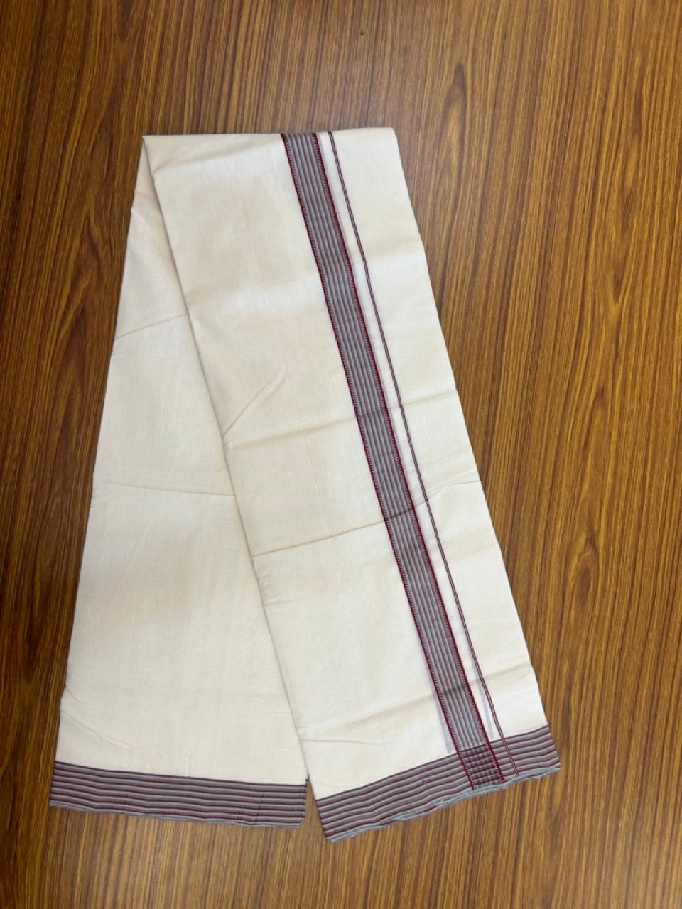 25% Discount!! KaithariKada Handloom Unakkupaav Balaramapuram - 100% Pure Cotton Off White - (Unbleached) Double Mundu/Dothi - 100x80 -  1.25 inch Light Maroon & Pestel Green Kara 3.80 meter (8.4 muzham) - 4 KK5269 REA