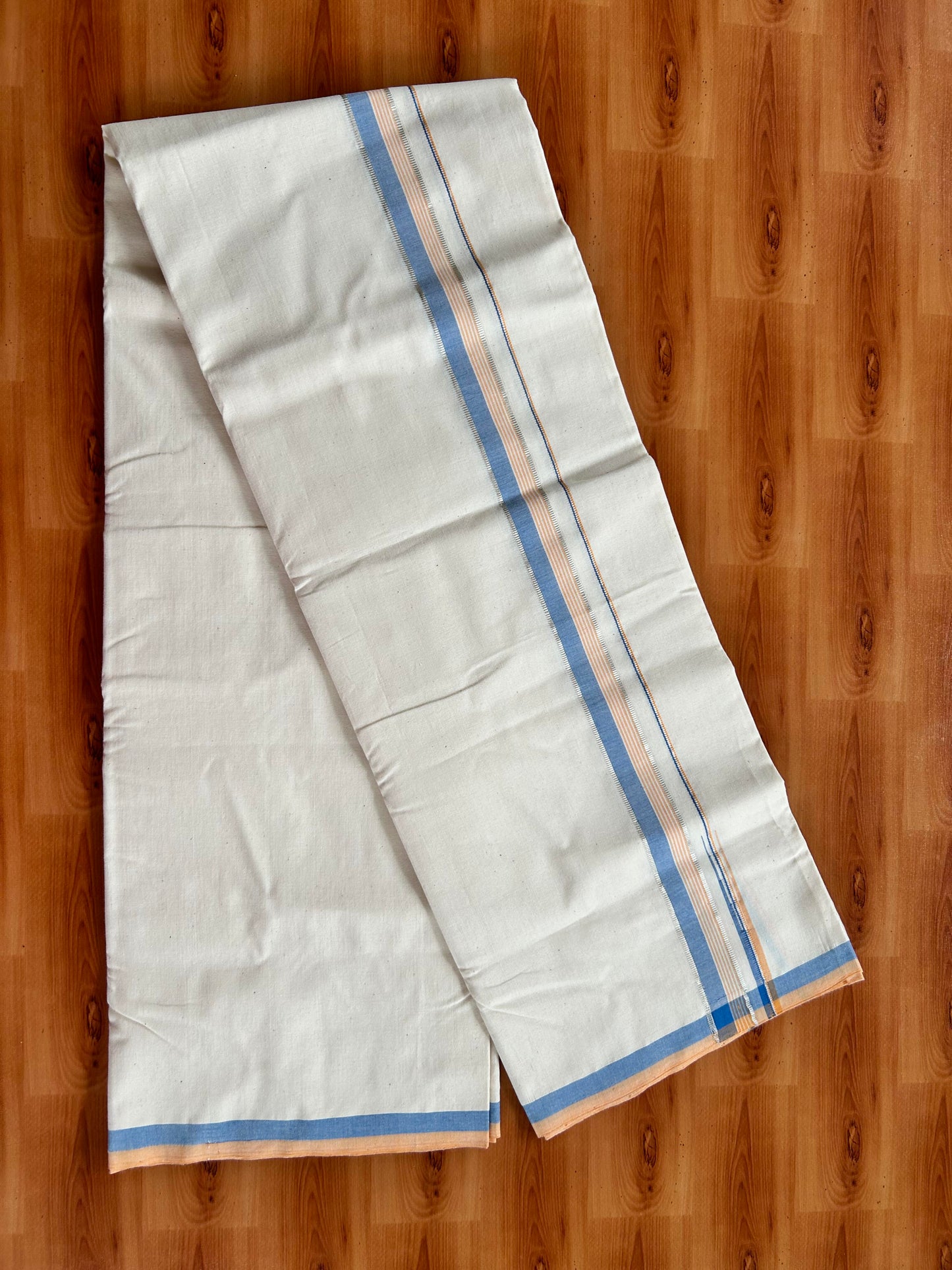 Single Off White - (Unbleached) Mundu/Dhoti - 25%Discount ! Signature Kaitharikada Exclusive Dhoti - 100% Cotton - Kerala Handloom - 1.25 inch Puliyilakkara Silver Kasav Peach Orange & Blue Striped Chutty kara (2 meter / 4 muzham)- 8 KK5410 KAI