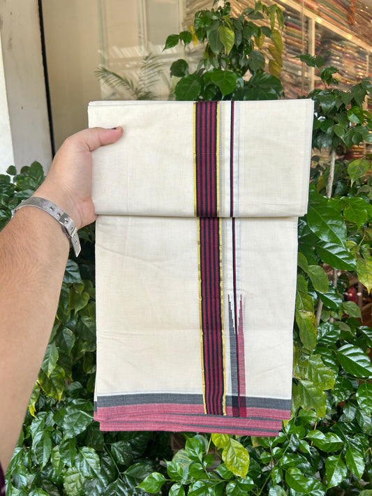 Dmk Veshti - 20% Discount !! KaithariKada Balaramapuram Double Off White - (Unbleached) Mundu/Dhoti - 100X100 - 1.25 inch Puliyilakkara Kasav Maroon & Black Striped Chutty Kara 4 meters (8.5 Muzham) -  14 KK5347 ASH