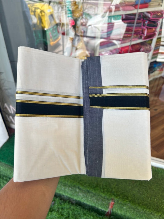 20%Discount KaithariKada Balaramapuram 100% Cotton Double Off white - (Unbleached) - Mundu/Dhoti-100x80 - 1 inch Black & Gold Kasavu Striped Kara 3.75 mtr (8 Muzham)- 5KK5198ASH