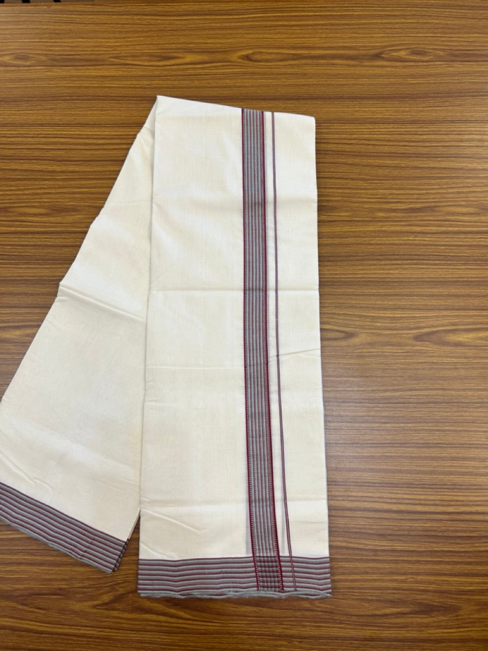 25% Discount!! KaithariKada Handloom Unakkupaav Balaramapuram - 100% Pure Cotton Off White - (Unbleached) Double Mundu/Dothi - 100x80 -  1.25 inch Light Maroon & Pestel Green Kara 3.80 meter (8.4 muzham) - 4 KK5269 REA