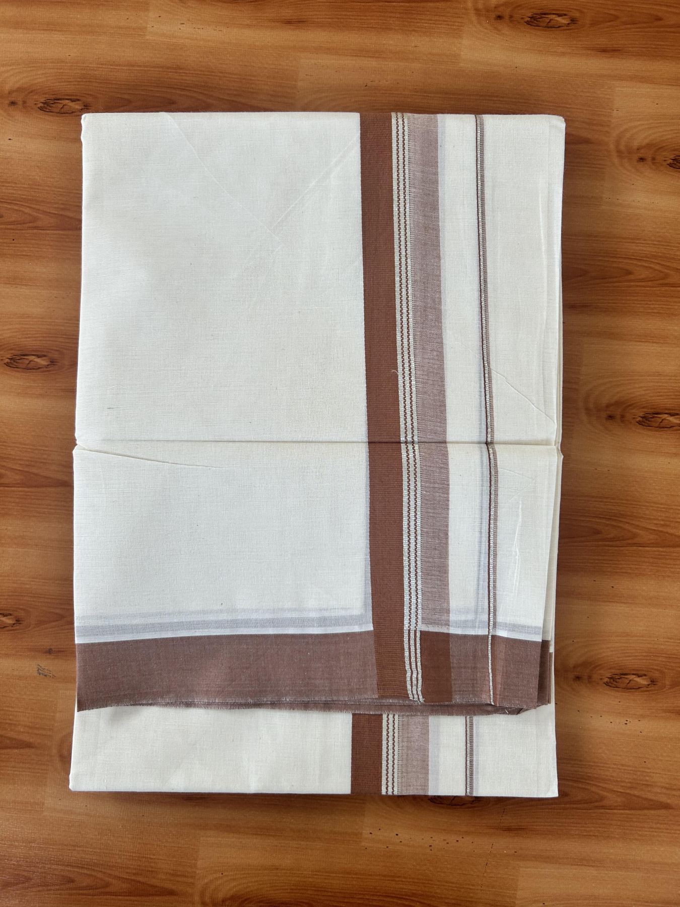 Double Off White (Unbleached) Mundu/Dhoti - 20% Discount! Kaitharikada 100% Pure Cotton - 100x80 - 1.5 inch Silver Kasav & Brown striped shaded Kara 4 mtr (8.5 muzham) - 25 KK5460 PMC