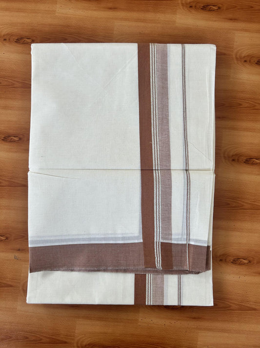 Double Off White (Unbleached) Mundu/Dhoti - 20% Discount! Kaitharikada 100% Pure Cotton - 100x80 - 1.5 inch Silver Kasav & Brown striped shaded Kara 4 mtr (8.5 muzham) - 25 KK5460 PMC