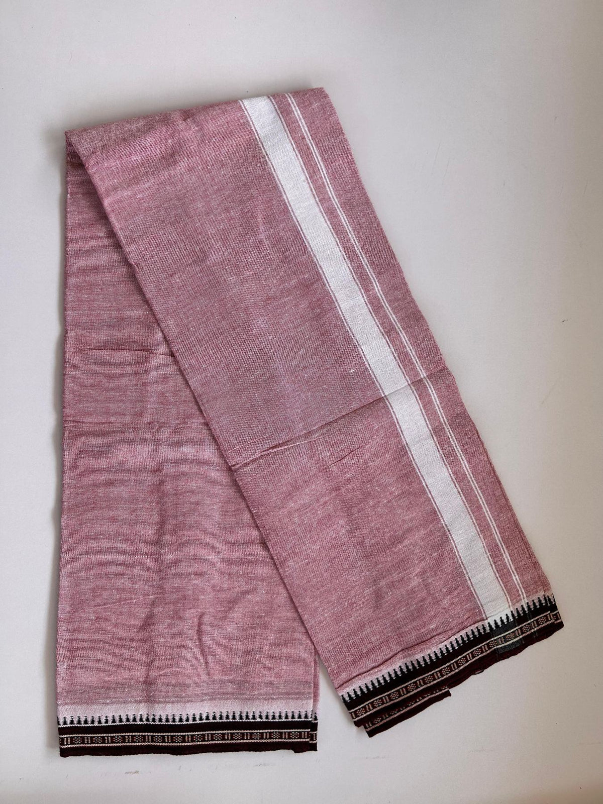 Kaitharikada - Single Kaily / Lungi - Mixed Cotton - (2/40s) twisted - 1.25 inch White Striped kara Maroon Kuppadam Border with Maroon & White Body (2 meter / 4 muzham) - 44 KK8088 SAT