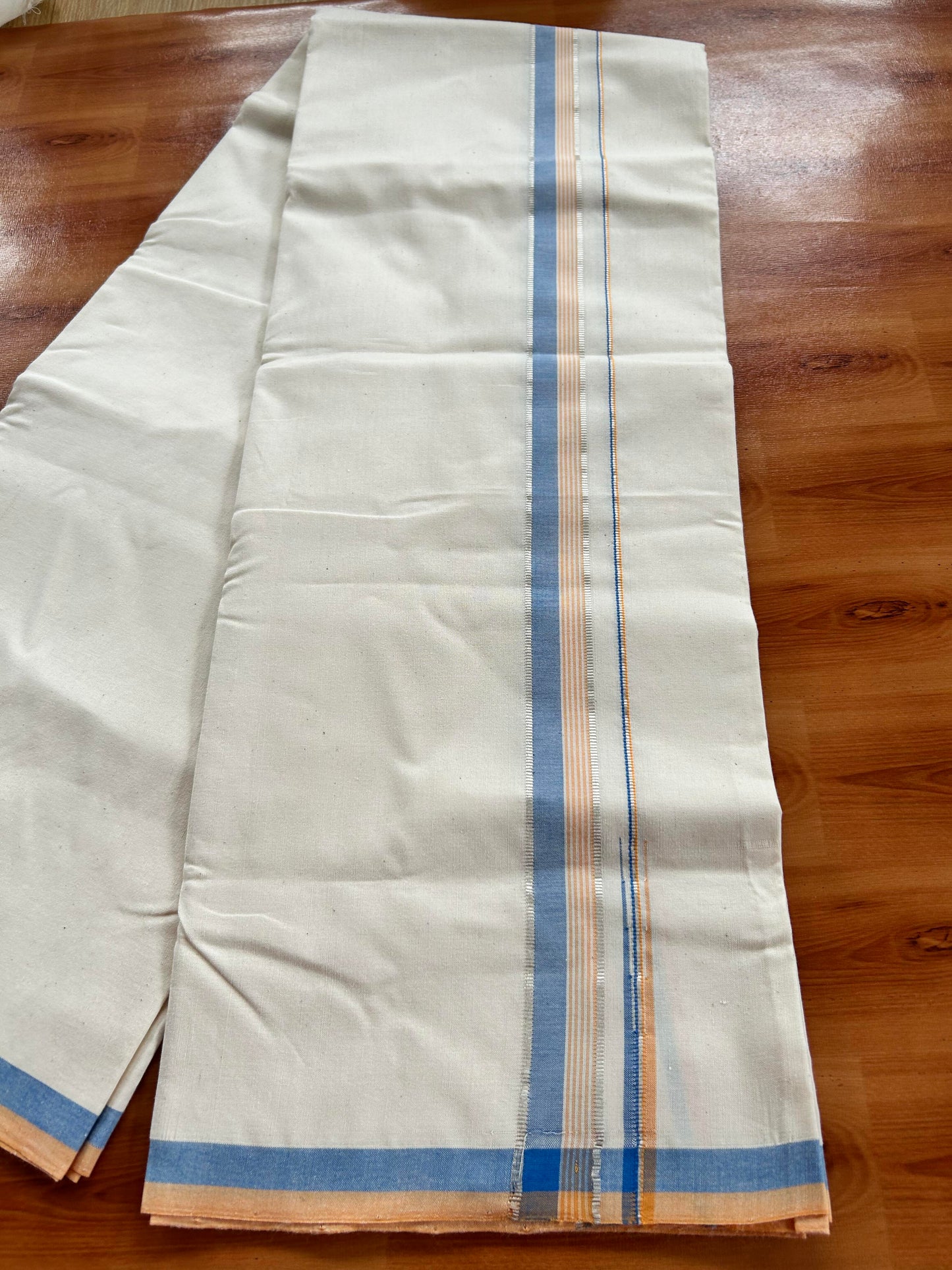 Single Off White - (Unbleached) Mundu/Dhoti - 25%Discount ! Signature Kaitharikada Exclusive Dhoti - 100% Cotton - Kerala Handloom - 1.25 inch Puliyilakkara Silver Kasav Peach Orange & Blue Striped Chutty kara (2 meter / 4 muzham)- 8 KK5410 KAI