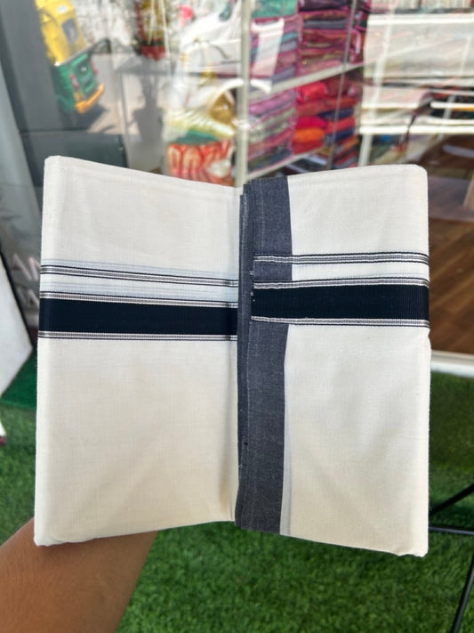 20%Discount KaithariKada Balaramapuram 100% Cotton Double Off white - (Unbleached) - Mundu/Dhoti-100x80 - 1 inch Black & Silver Kasavu Striped Kara 3.75 mtr (8 Muzham)- 6KK5198ASH