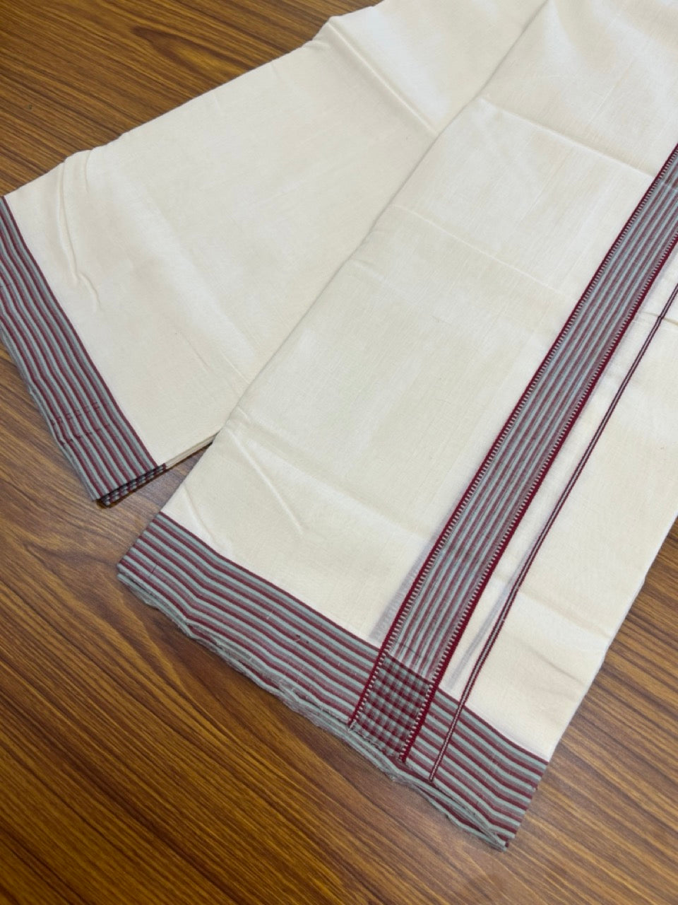 25% Discount!! KaithariKada Handloom Unakkupaav Balaramapuram - 100% Pure Cotton Off White - (Unbleached) Double Mundu/Dothi - 100x80 -  1.25 inch Light Maroon & Pestel Green Kara 3.80 meter (8.4 muzham) - 4 KK5269 REA