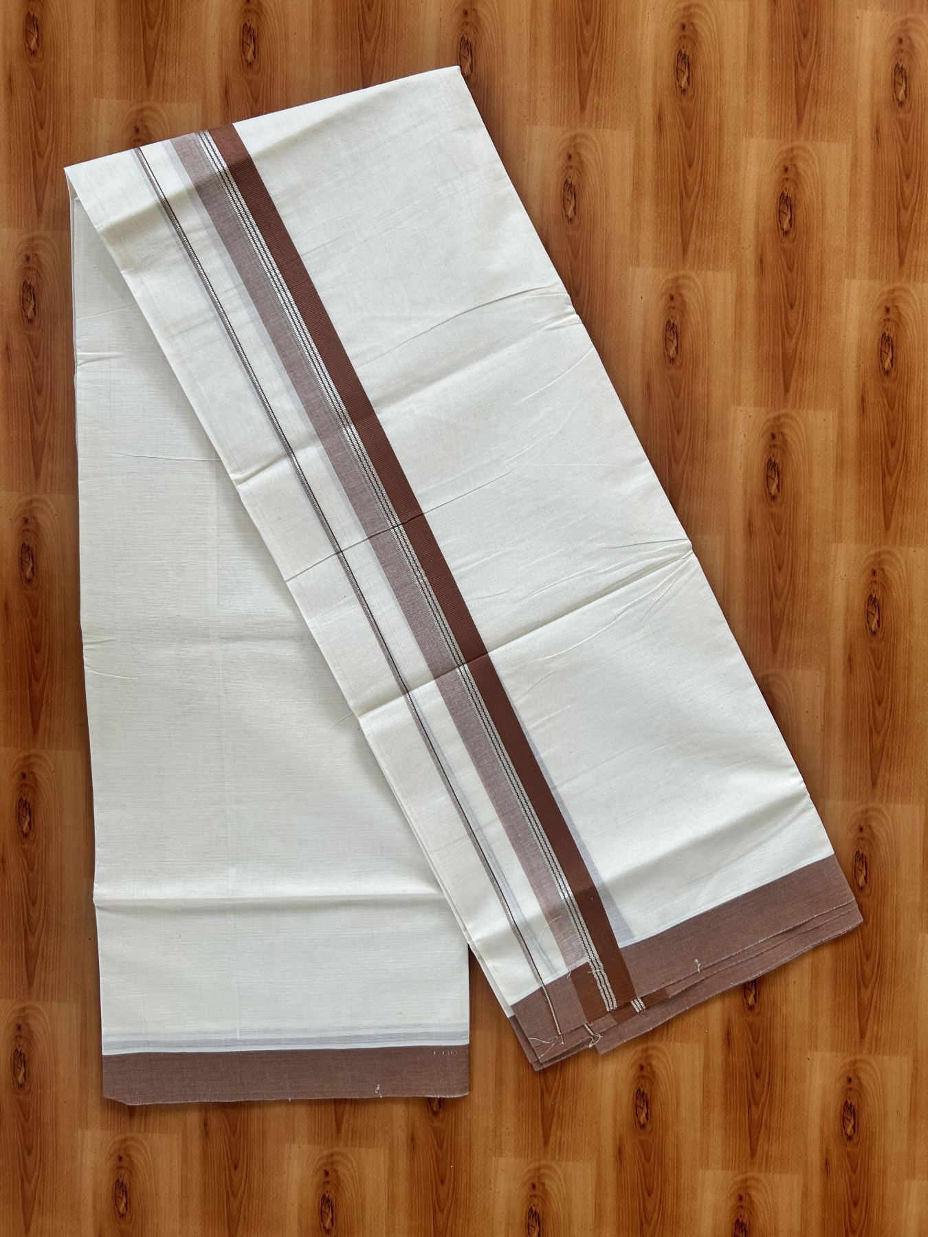 Double Off White (Unbleached) Mundu/Dhoti - 20% Discount! Kaitharikada 100% Pure Cotton - 100x80 - 1.5 inch Silver Kasav & Brown striped shaded Kara 4 mtr (8.5 muzham) - 25 KK5460 PMC