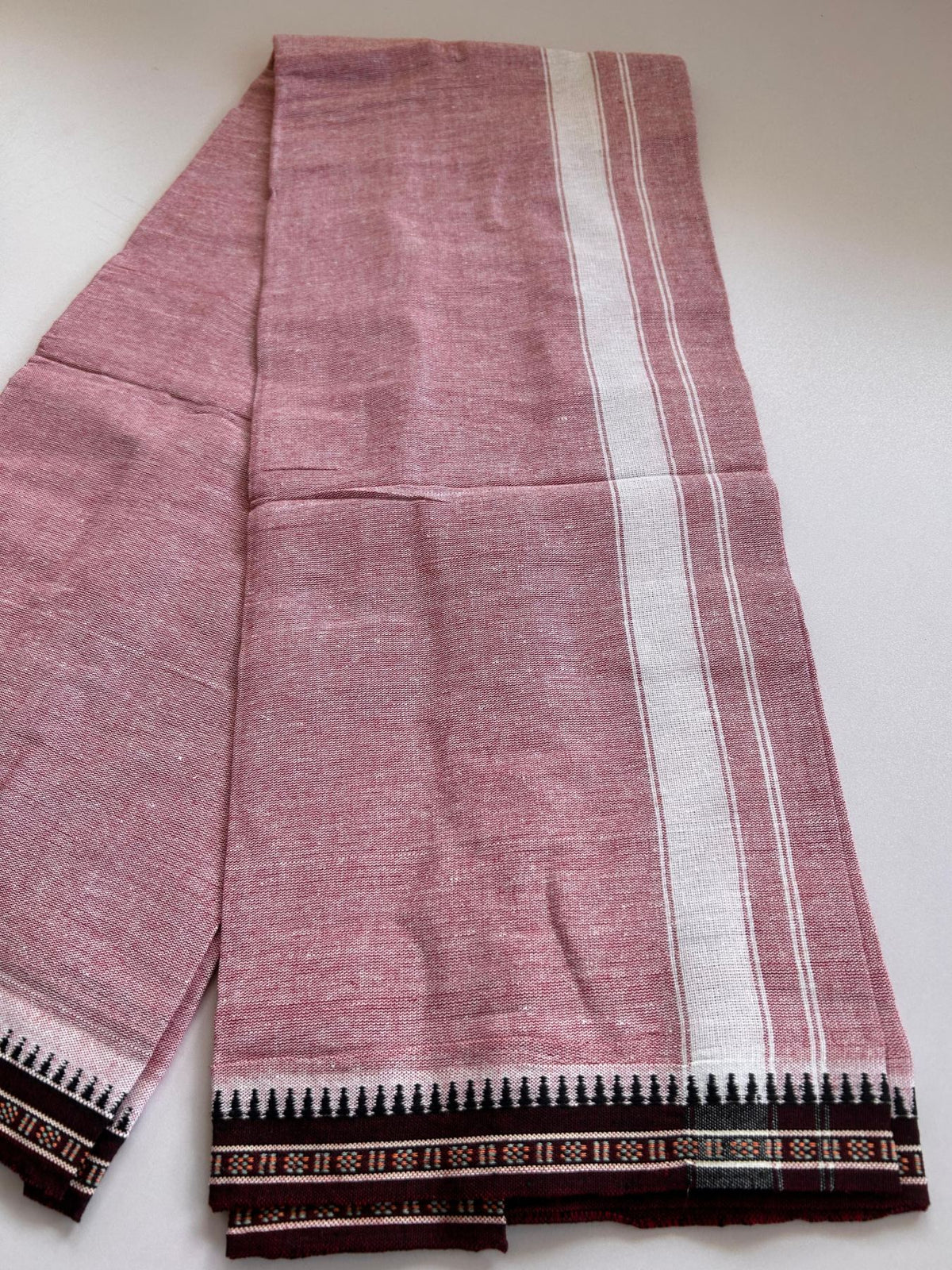 Kaitharikada - Single Kaily / Lungi - Mixed Cotton - (2/40s) twisted - 1.25 inch White Striped kara Maroon Kuppadam Border with Maroon & White Body (2 meter / 4 muzham) - 44 KK8088 SAT