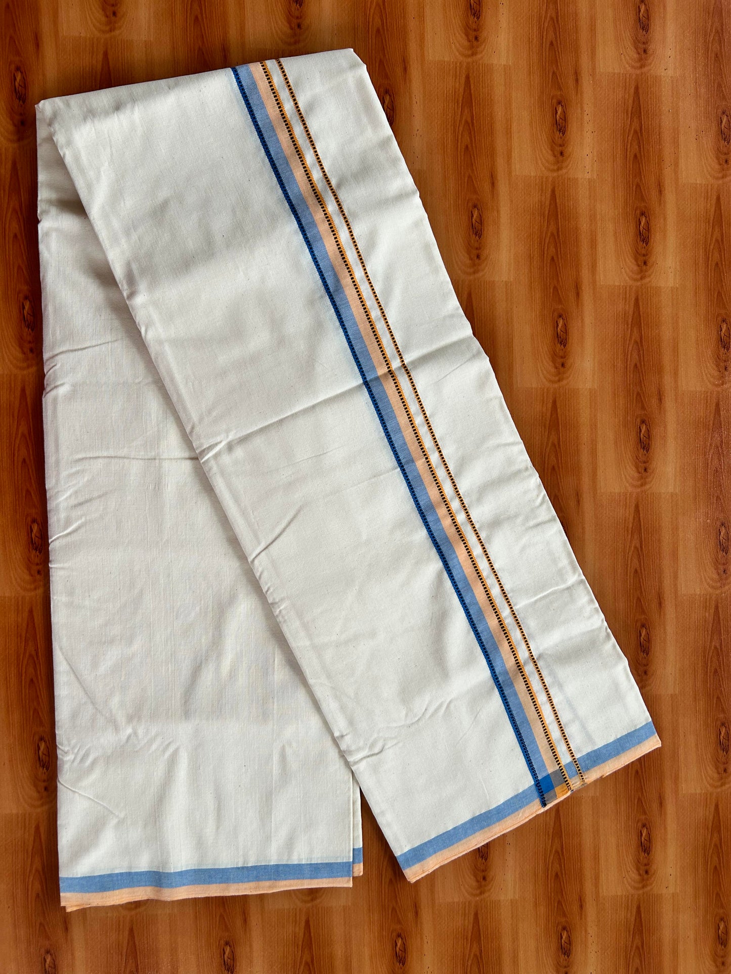 Single Off White - (Unbleached) Mundu/Dhoti - 25%Discount ! Signature Kaitharikada Exclusive Dhoti - 100% Cotton - Kerala Handloom - 1 inch  Peach Orange & Blue Shaded Design kara (2 meter / 4 muzham)- 11 KK5410 KAI