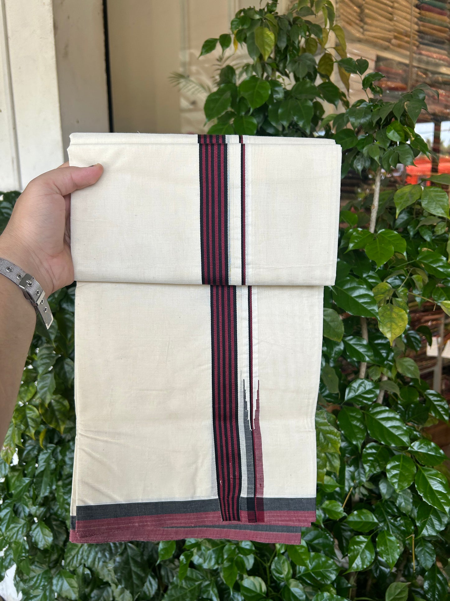 Dmk Veshti - 20% Discount !! KaithariKada Balaramapuram Double Off White - (Unbleached) Mundu/Dhoti - 100X100 - 1 inch Puliyilakkara Maroon & Black Striped Chutty Kara 4 meters (8.5 Muzham) -  15 KK5347 ASH