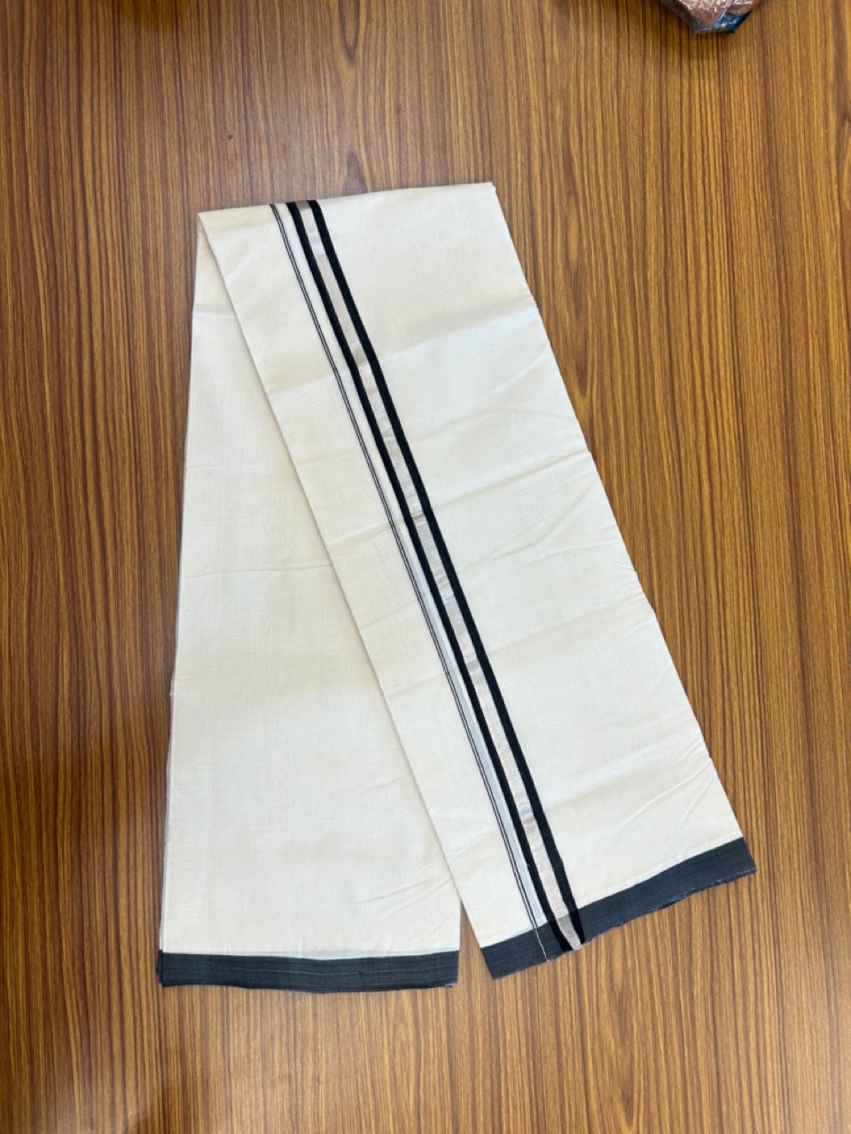 25% Discount! KaithariKada Handloom Millpaav Balaramapuram - Cotton Double Mundu/Dhoti Off white (Unbleached) - 80x90 - 1 inch Silver Kasav & Black Kara 3.60 meter (8 Muzham) - 5 KK5269 RAM