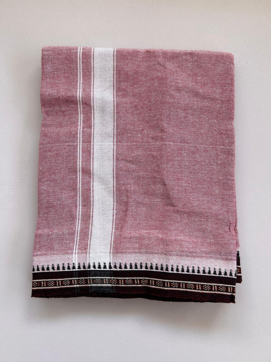 Kaitharikada - Single Kaily / Lungi - Mixed Cotton - (2/40s) twisted - 1.25 inch White Striped kara Maroon Kuppadam Border with Maroon & White Body (2 meter / 4 muzham) - 44 KK8088 SAT