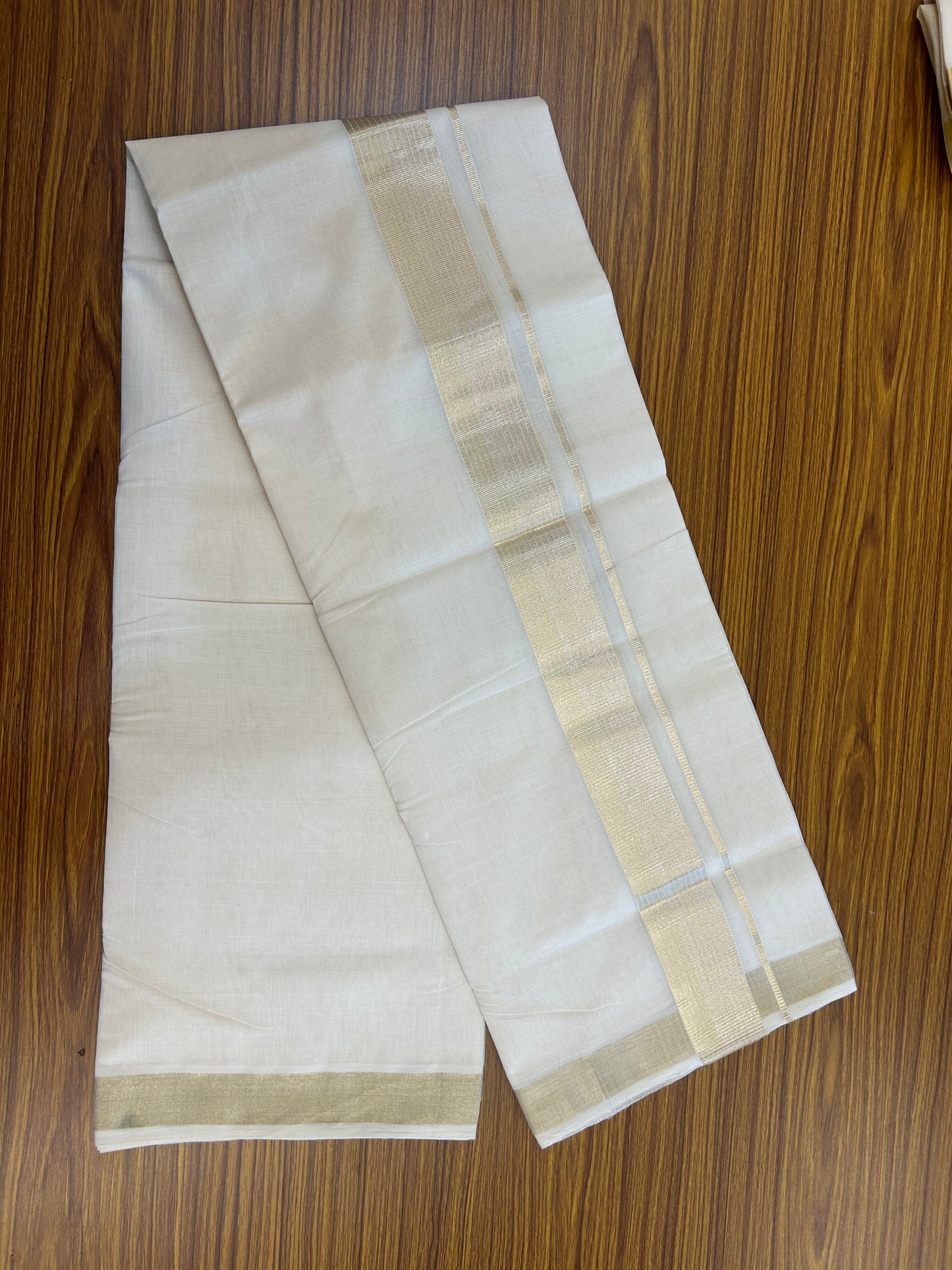 25% Discount ! KaithariKada Handloom Unakkupaav Kerala Handloom - 100% Pure Cotton Off White - (Unbleached) Double Mundu/Dhoti - 100x80 - 2 inch Light Gold Kasav Striped Kara 4 mtr (8.5 Muzham) -  4 KK5367 ABH