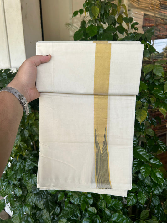 20% Discount ! KaithariKada 100% Cotton off white Double - (Unbleached) Mundu/Dhoti - 100X100 - 1.25 inch Puliyilakkara Mustard Yellow & Black Striped Chutty kara - 4 mtr (8.5 muzham) - 12 KK5347 ASH