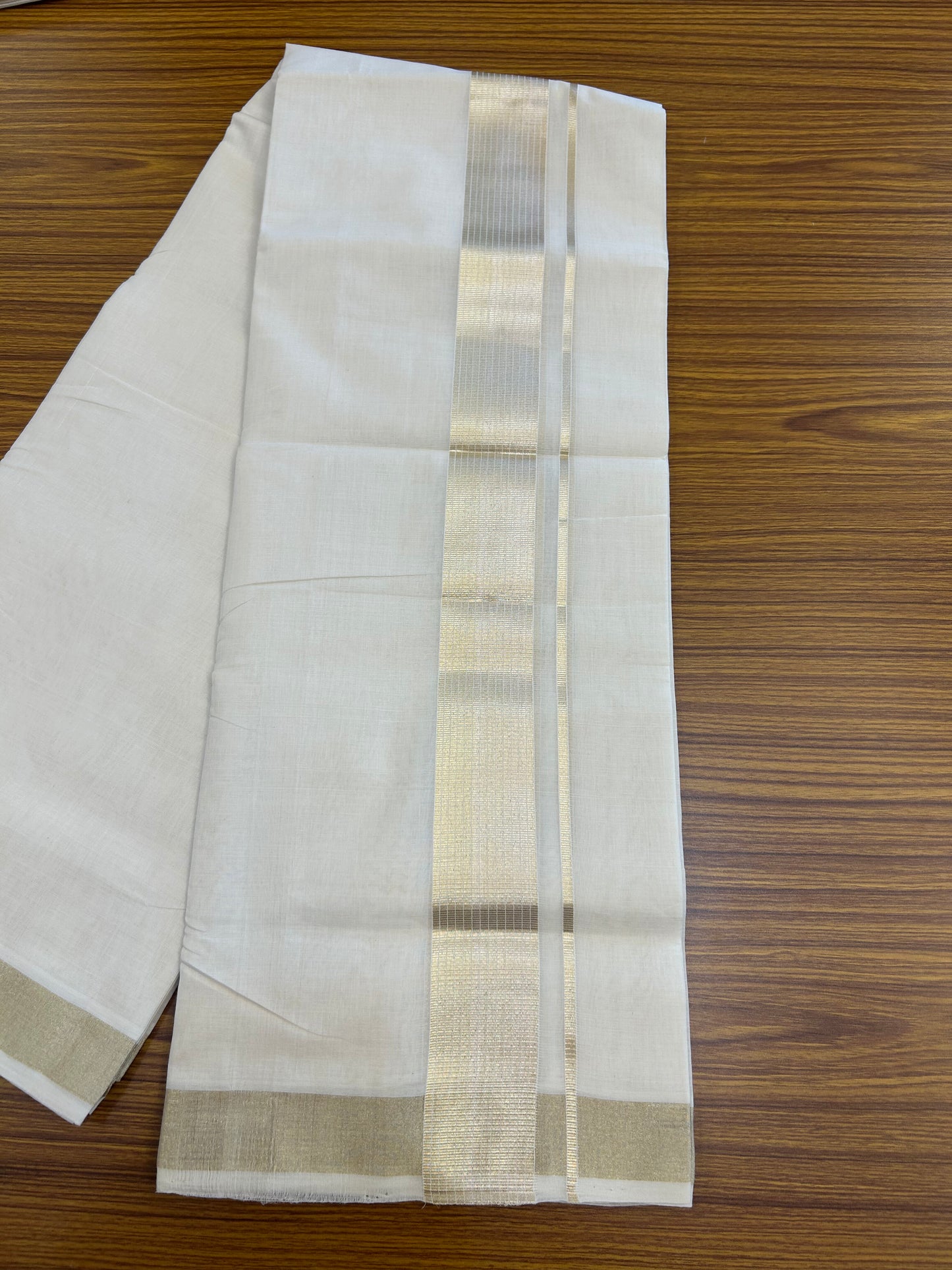 25% Discount ! KaithariKada Handloom Unakkupaav Kerala Handloom - 100% Pure Cotton Off White - (Unbleached) Double Mundu/Dhoti - 100x80 - 2 inch Light Gold Kasav Striped Kara 4 mtr (8.5 Muzham) -  4 KK5367 ABH