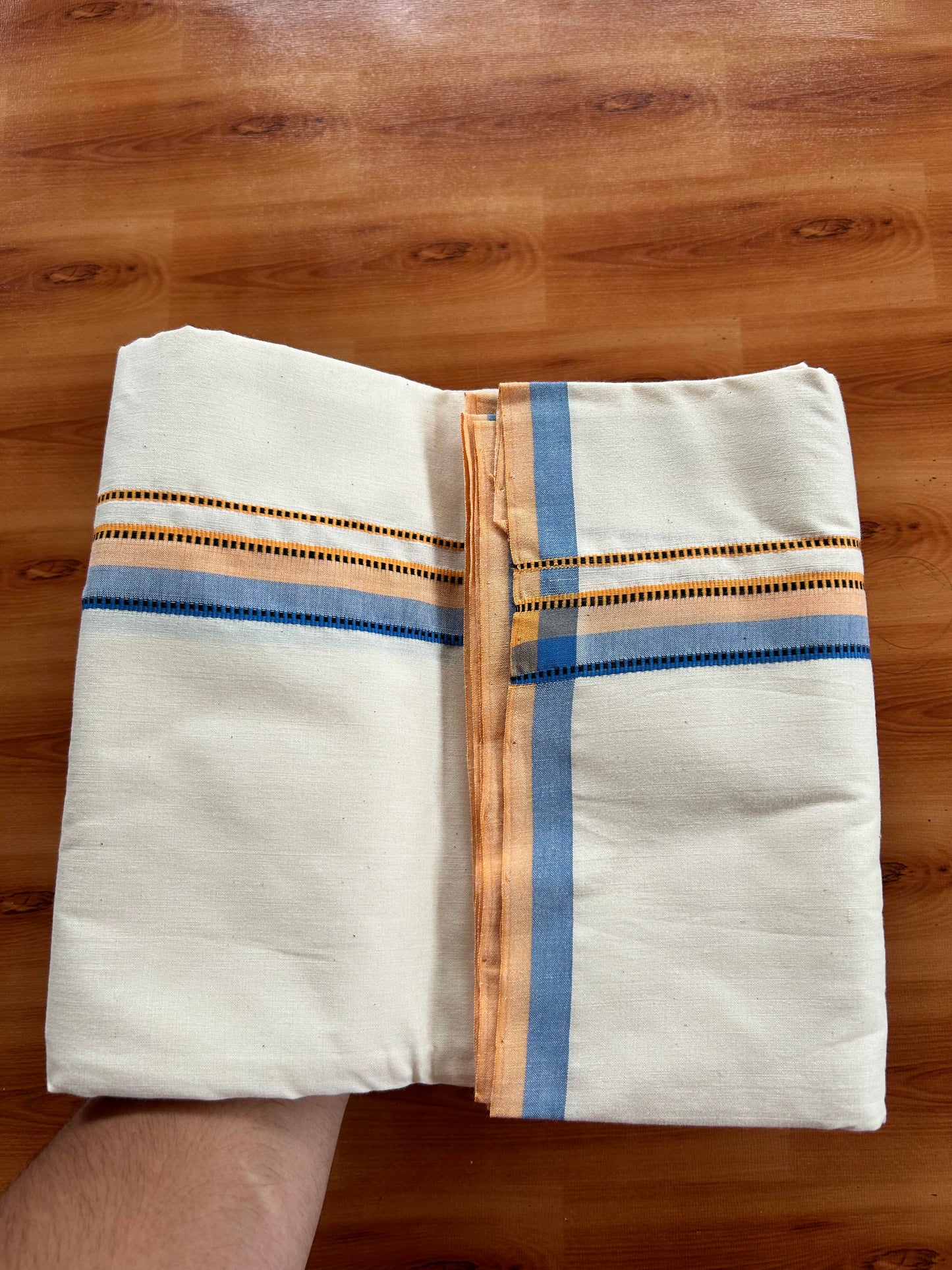 Single Off White - (Unbleached) Mundu/Dhoti - 25%Discount ! Signature Kaitharikada Exclusive Dhoti - 100% Cotton - Kerala Handloom - 1 inch  Peach Orange & Blue Shaded Design kara (2 meter / 4 muzham)- 11 KK5410 KAI