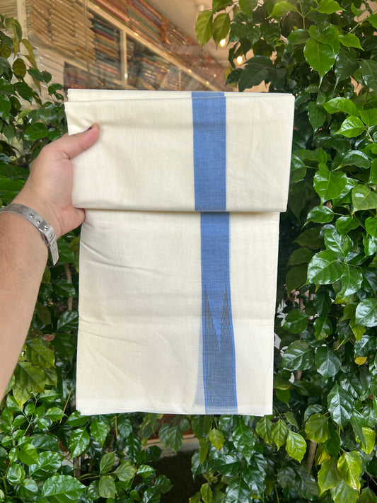 20% Discount ! KaithariKada 100% Cotton off white Double - (Unbleached) Mundu/Dhoti - 100X100 - 1.25 inch Puliyilakkara Blue & Black Striped Chutty kara - 4 mtr (8.5 muzham) - 8 KK5347 ASH