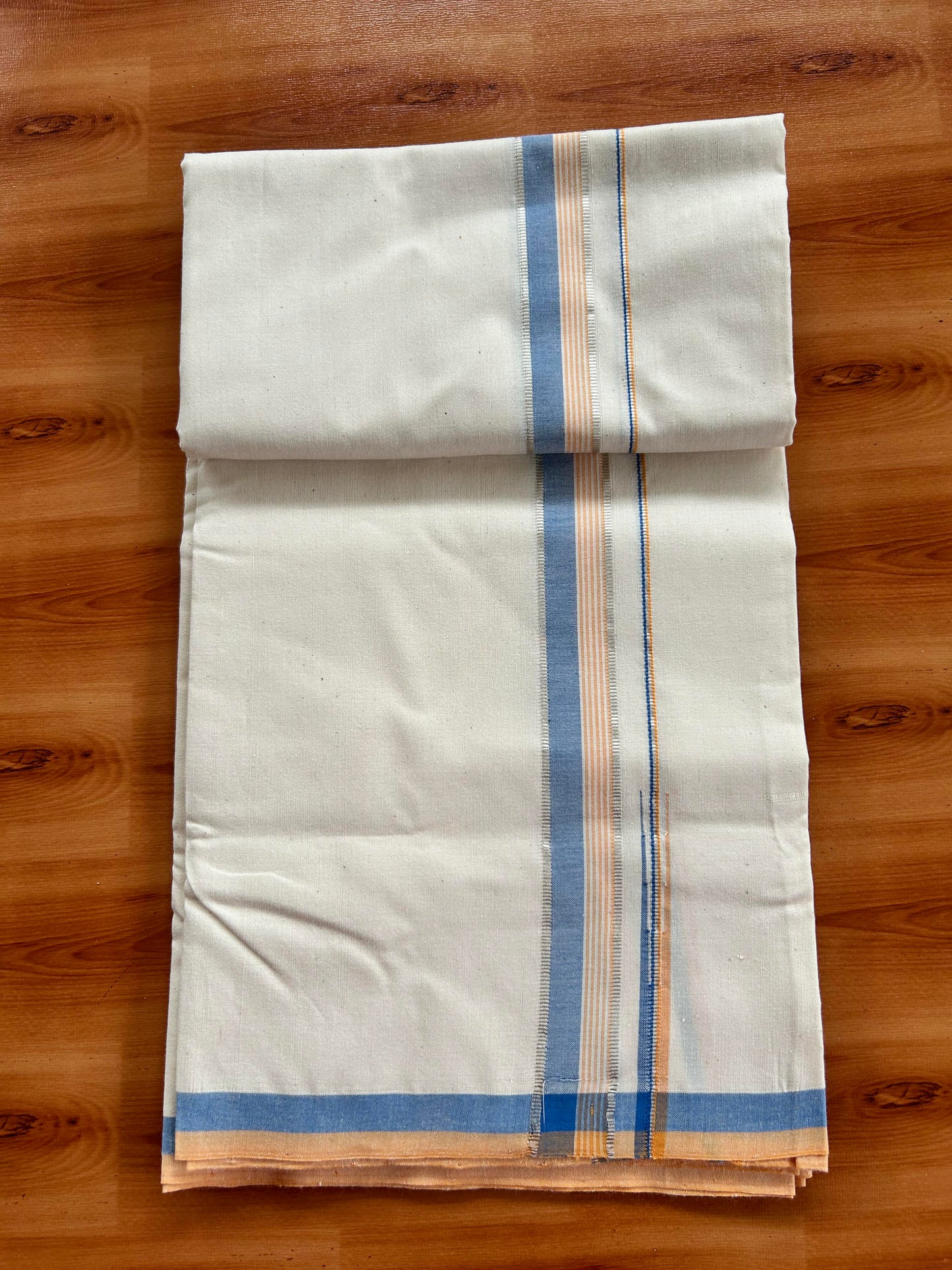 Single Off White - (Unbleached) Mundu/Dhoti - 25%Discount ! Signature Kaitharikada Exclusive Dhoti - 100% Cotton - Kerala Handloom - 1.25 inch Puliyilakkara Silver Kasav Peach Orange & Blue Striped Chutty kara (2 meter / 4 muzham)- 8 KK5410 KAI