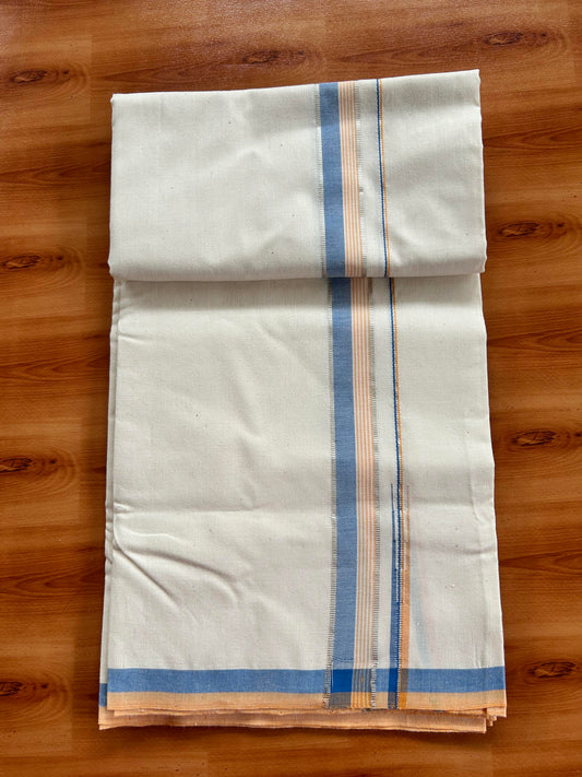 Single Off White - (Unbleached) Mundu/Dhoti - 25%Discount ! Signature Kaitharikada Exclusive Dhoti - 100% Cotton - Kerala Handloom - 1.25 inch Puliyilakkara Silver Kasav Peach Orange & Blue Striped Chutty kara (2 meter / 4 muzham)- 8 KK5410 KAI