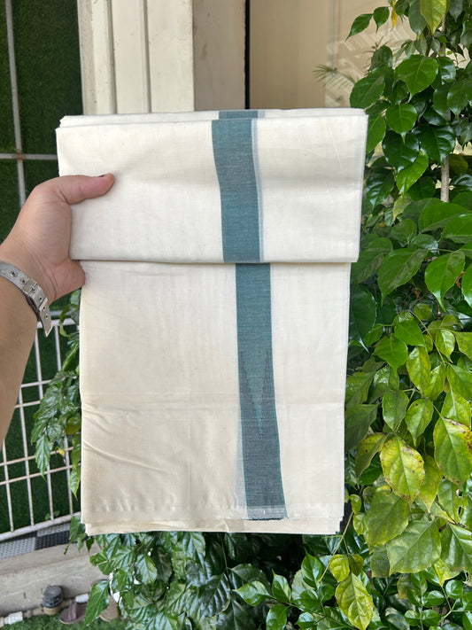20% Discount ! KaithariKada 100% Cotton off white Double - (Unbleached) Mundu/Dhoti - 100X100 - 1.25 inch Puliyilakkara Dark Green & Black Striped Chutty kara - 4 mtr (8.5 muzham) - 11 KK5347 ASH