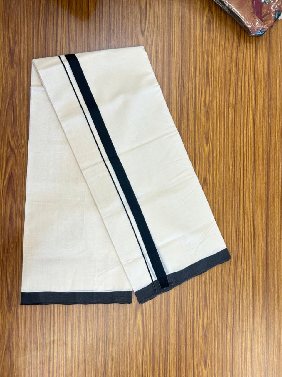 25% DISCOUNT ! KaithariKada HANDLOOM Millpaav Balaramapuram - 100% PURE Cotton Off White - (Unbleached) Double Mundu/Dhoti - 80x90 -1.25 inch Black Kara 4.5 meters (9 muzham) - 3 KK5269 RAM