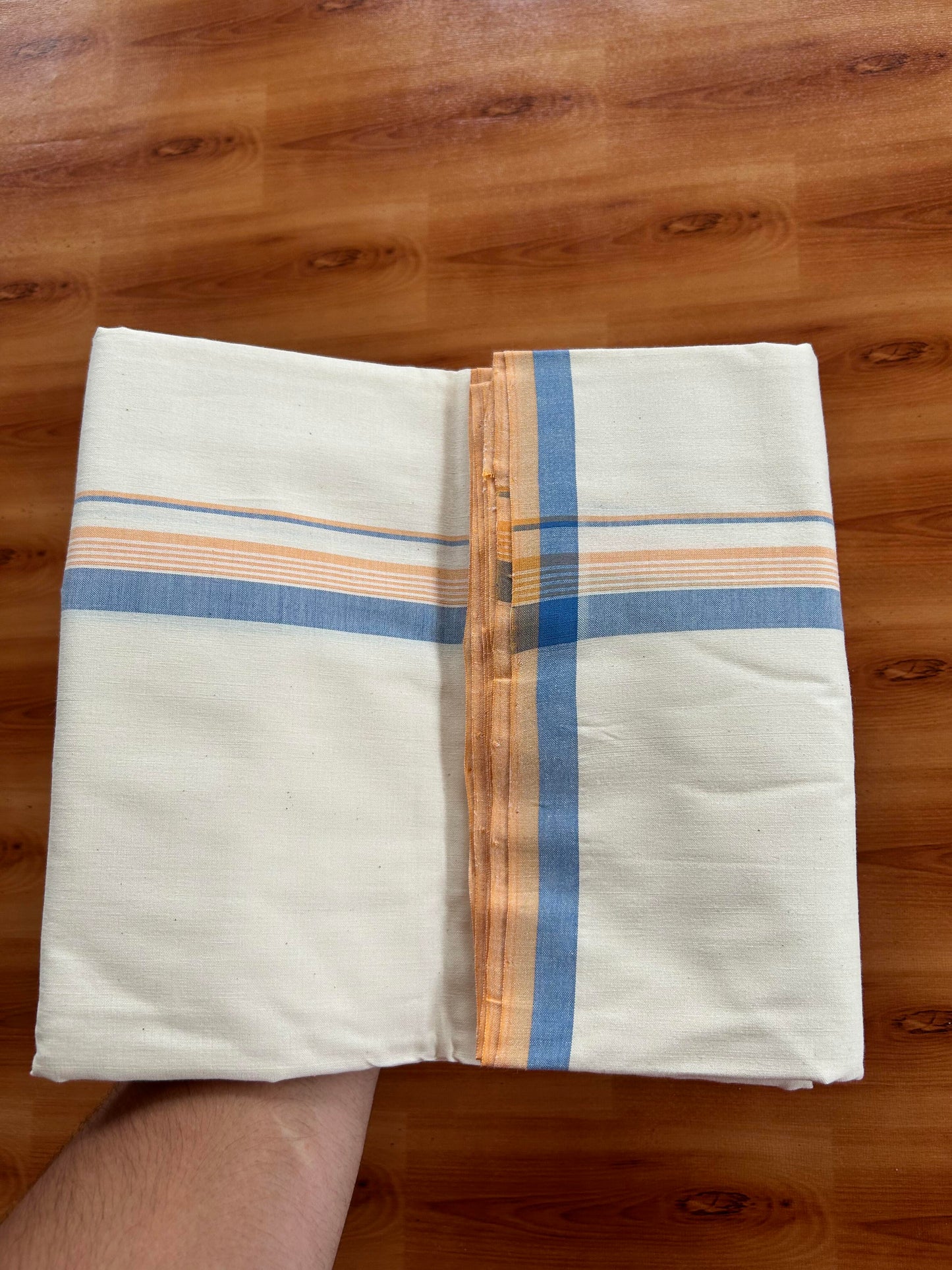 Single Off White - (Unbleached) Mundu/Dhoti - 25%Discount ! Signature Kaitharikada Exclusive Dhoti - 100% Cotton - Kerala Handloom - 1 inch  Peach Orange & Blue Shaded Striped kara (2 meter / 4 muzham)- 12 KK5410 KAI