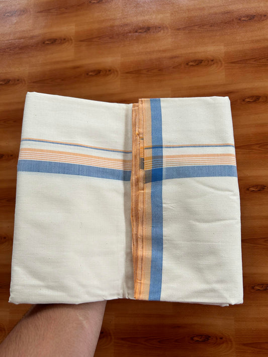 Single Off White - (Unbleached) Mundu/Dhoti - 25%Discount ! Signature Kaitharikada Exclusive Dhoti - 100% Cotton - Kerala Handloom - 1 inch  Peach Orange & Blue Shaded Striped kara (2 meter / 4 muzham)- 12 KK5410 KAI