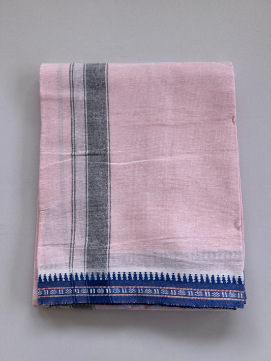 Kaitharikada - Single Kaily / Lungi - Mixed Cotton - (2/40s) twisted - 1.25 inch Black Striped kara Blue Kuppadam Border with Pink & White Body (2 meter / 4 muzham) - 45 KK8088 SAT