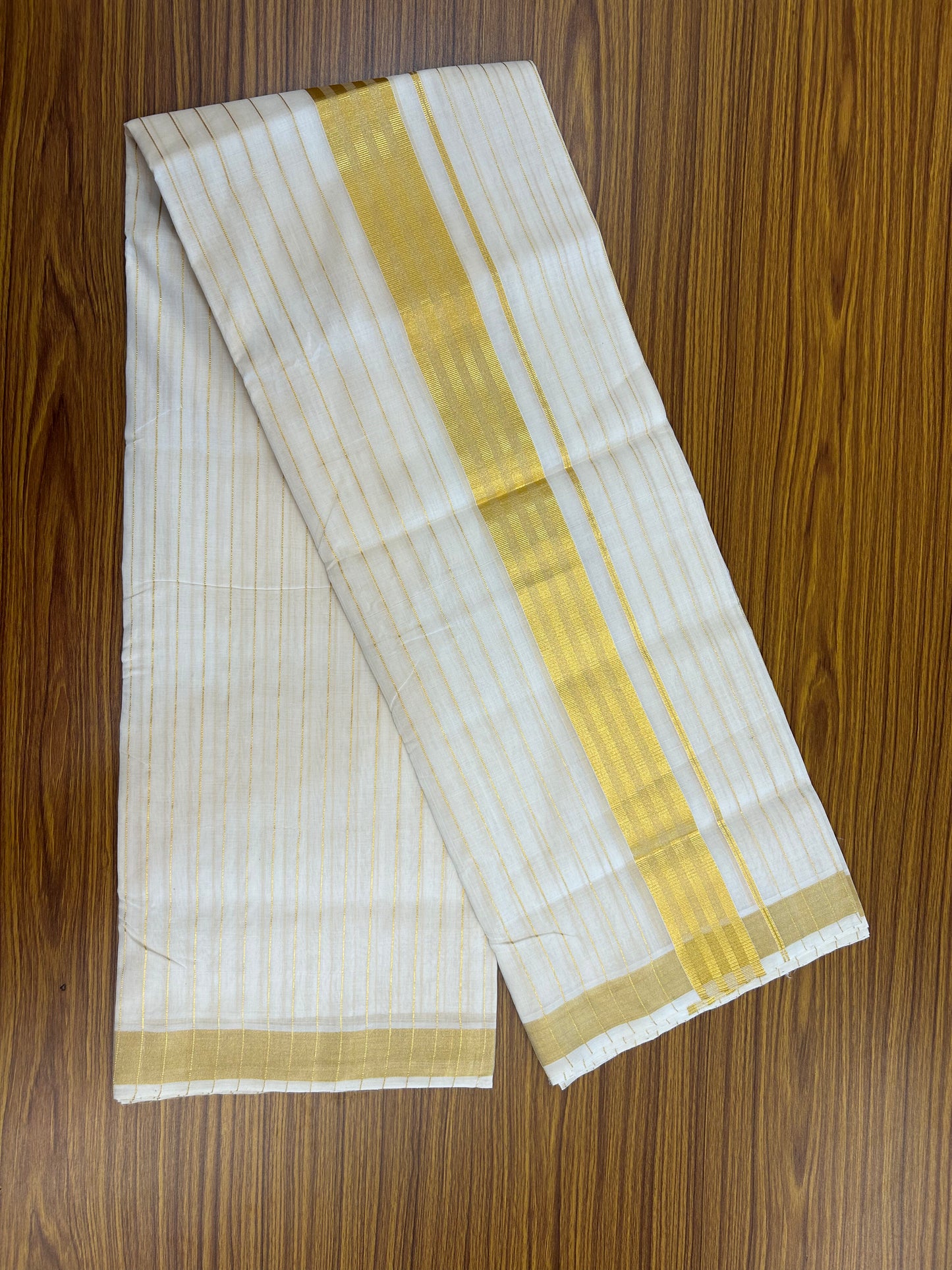 25% Discount ! KaithariKada Handloom Unakkupaav Kerala Handloom - 100% Pure Cotton Off White - (Unbleached) Double Mundu/Dhoti - 100x80 - 2 inch Gold Kasav Full Body Striped Kara 4 mtr (8.5 Muzham) -  5 KK5367 ABH