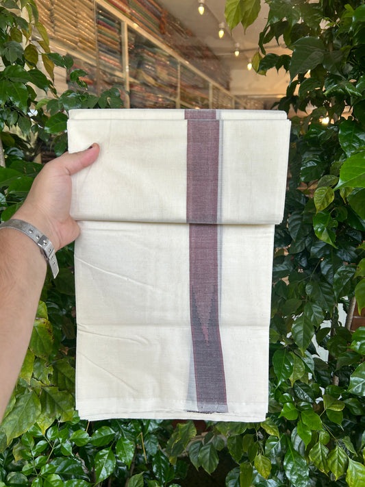 20% Discount ! KaithariKada 100% Cotton off white Double - (Unbleached) Mundu/Dhoti - 100X100 - 1.25 inch Puliyilakkara Dark Maroon & Black Striped Chutty kara - 4 mtr (8.5 muzham) - 9 KK5347 ASH