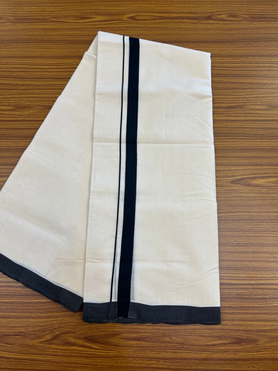 25% DISCOUNT ! KaithariKada HANDLOOM Millpaav Balaramapuram - 100% PURE Cotton Off White - (Unbleached) Double Mundu/Dhoti - 80x90 -1.25 inch Black Kara 4.5 meters (9 muzham) - 3 KK5269 RAM