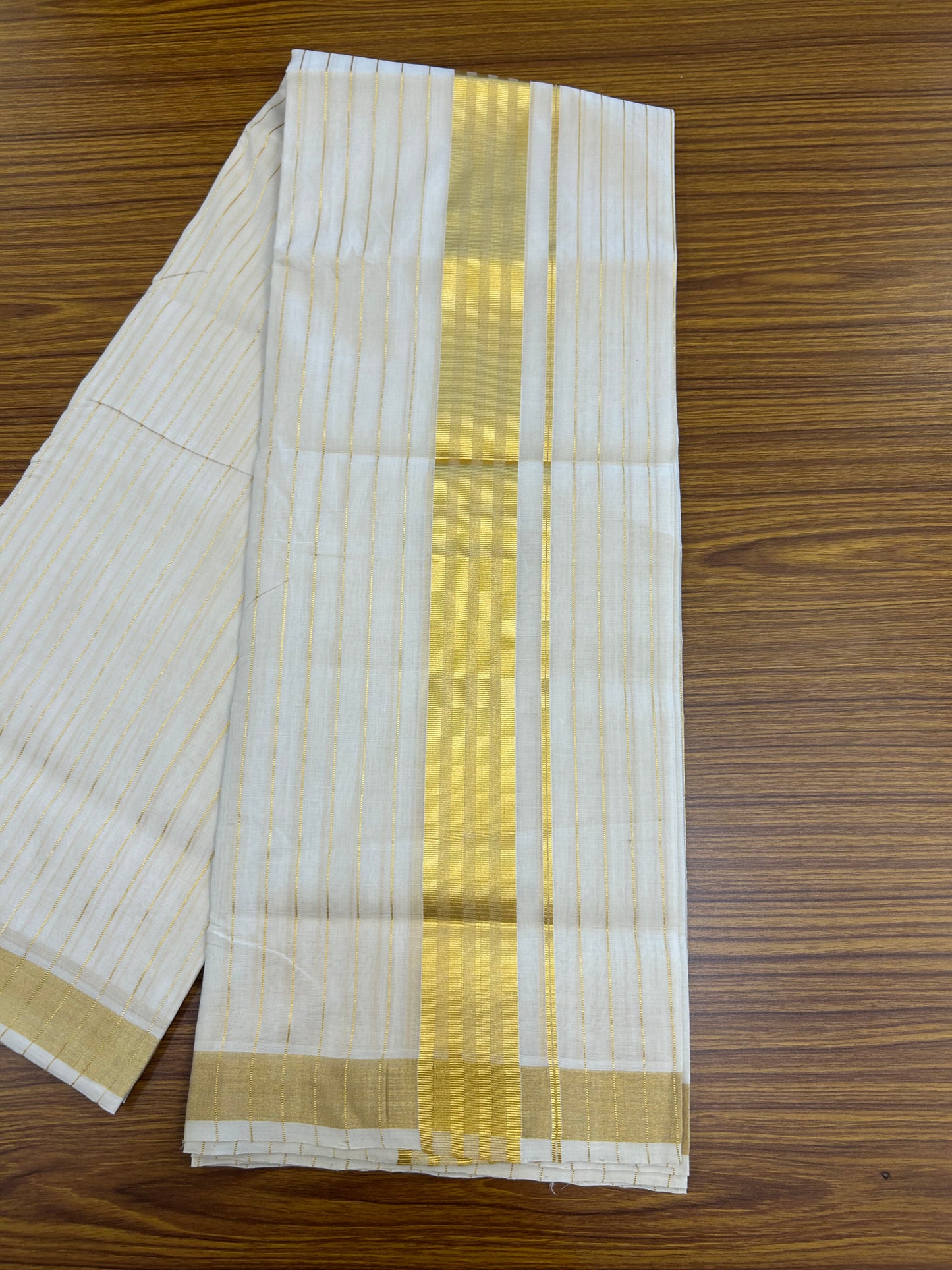 25% Discount ! KaithariKada Handloom Unakkupaav Kerala Handloom - 100% Pure Cotton Off White - (Unbleached) Double Mundu/Dhoti - 100x80 - 2 inch Gold Kasav Full Body Striped Kara 4 mtr (8.5 Muzham) -  5 KK5367 ABH