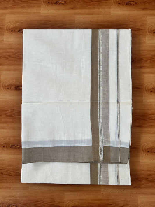Double Off White (Unbleached) Mundu/Dhoti - 20% Discount! Kaitharikada 100% Pure Cotton - 100x80 - 1.5 inch Silver Kasav & Sage Brown striped shaded Kara 4 mtr (8.5 muzham) - 22 KK5460 PMC