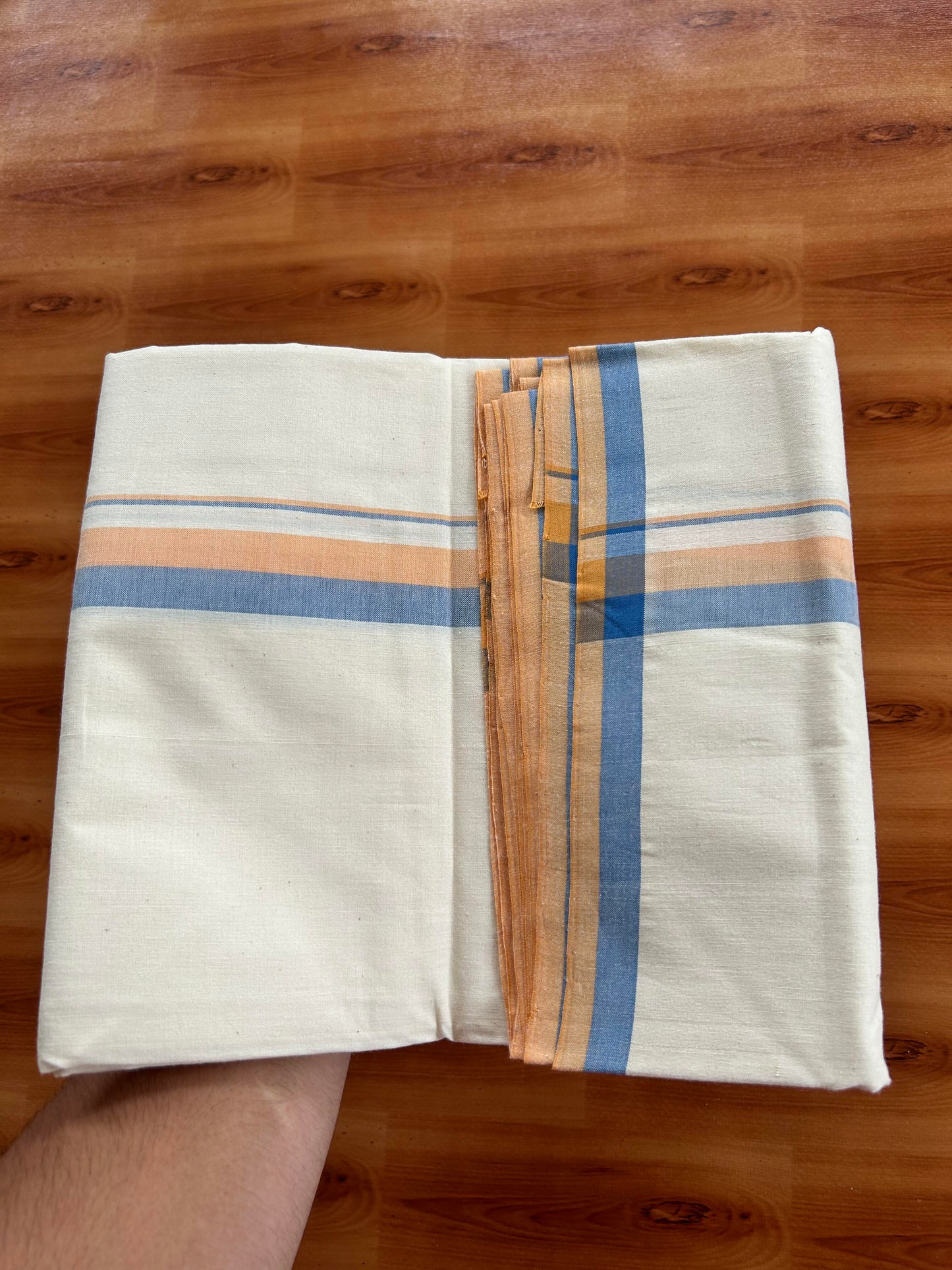 Single Off White - (Unbleached) Mundu/Dhoti - 25%Discount ! Signature Kaitharikada Exclusive Dhoti - 100% Cotton - Kerala Handloom - 1 inch  Peach Orange & Blue Shaded  kara (2 meter / 4 muzham)- 13 KK5410 KAI