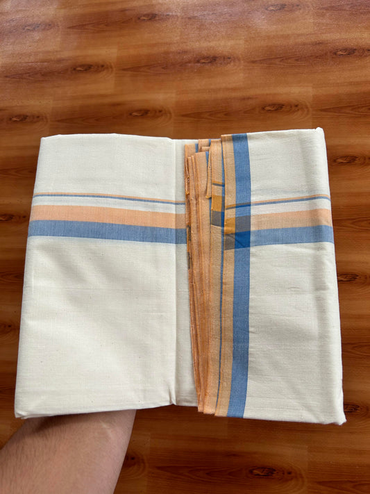 Single Off White - (Unbleached) Mundu/Dhoti - 25%Discount ! Signature Kaitharikada Exclusive Dhoti - 100% Cotton - Kerala Handloom - 1 inch  Peach Orange & Blue Shaded  kara (2 meter / 4 muzham)- 13 KK5410 KAI