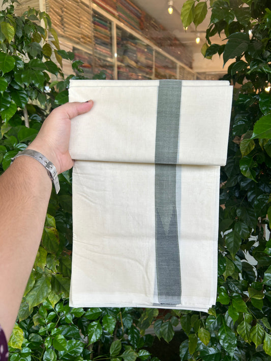 20% Discount ! KaithariKada 100% Cotton off white Double - (Unbleached) Mundu/Dhoti - 100X100 - 1.25 inch Puliyilakkara Olive Green & Black Striped Chutty kara - 4 mtr (8.5 muzham) - 6 KK5347 ASH