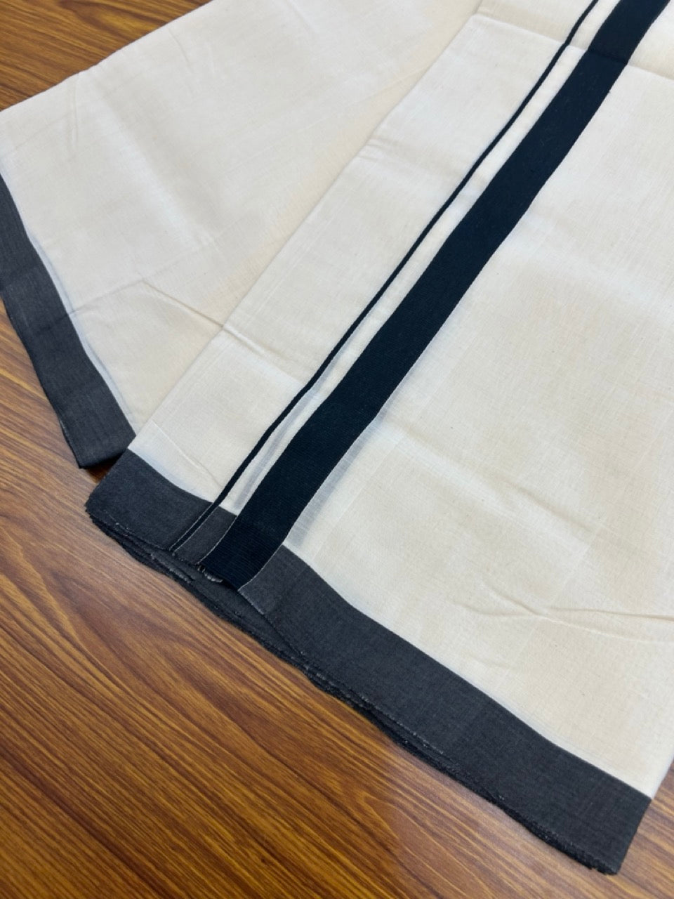 25% DISCOUNT ! KaithariKada HANDLOOM Millpaav Balaramapuram - 100% PURE Cotton Off White - (Unbleached) Double Mundu/Dhoti - 80x90 -1.25 inch Black Kara 4.5 meters (9 muzham) - 3 KK5269 RAM